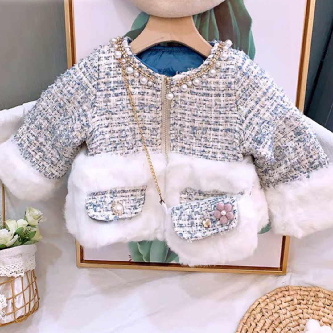 Fashionable kids outerwear: a warm plaid faux fur coat and matching bag for girls.