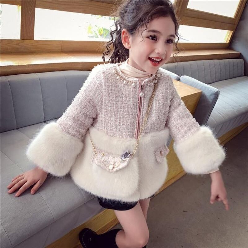 Winter coat for girls: a padded plaid faux fur jacket with a stylish matching accessory bag.