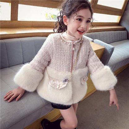 Winter coat for girls: a padded plaid faux fur jacket with a stylish matching accessory bag.