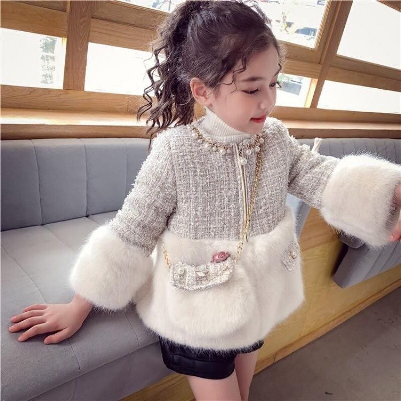Girls' cozy plaid faux fur coat with a matching bag, ideal for fall winter children's clothing.