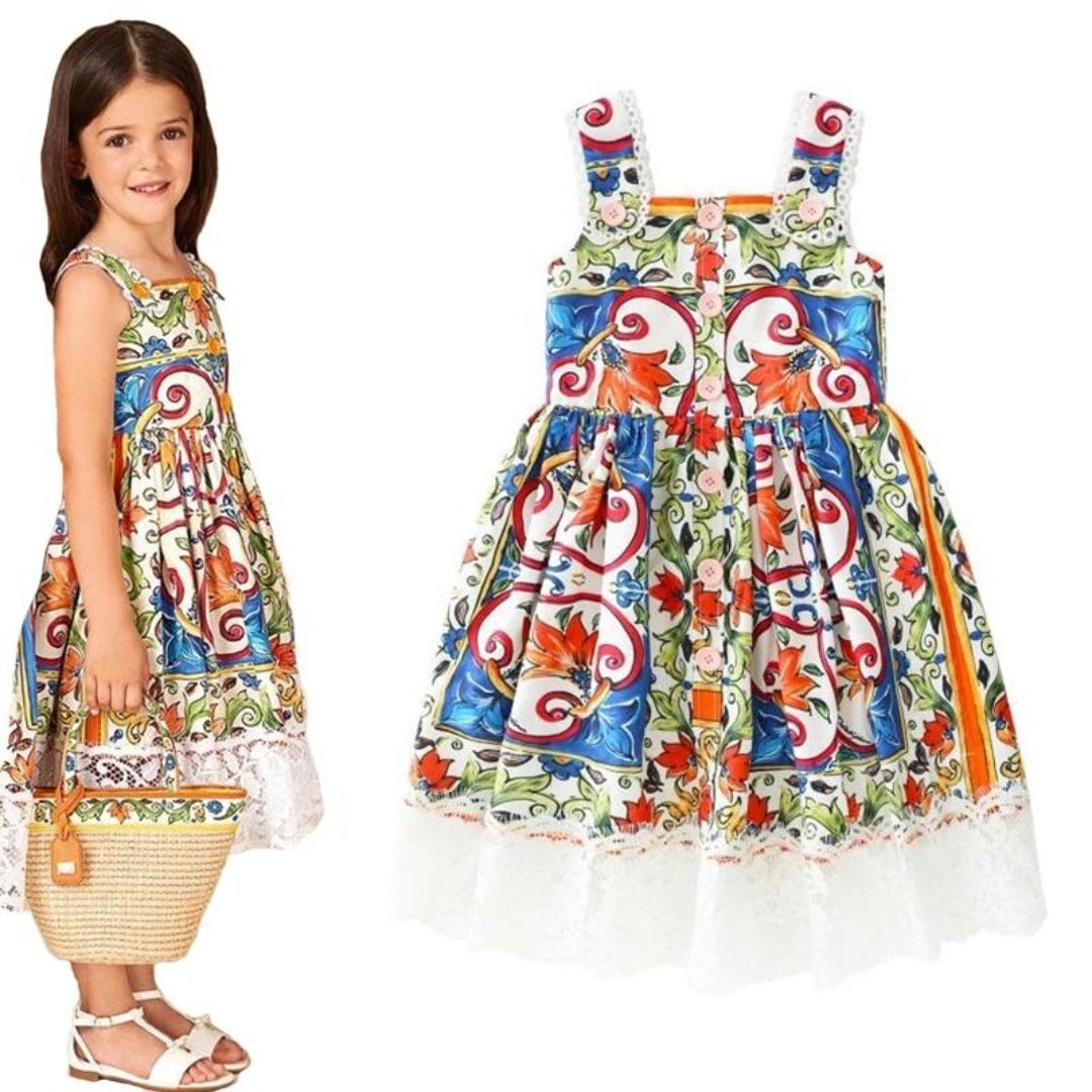 Girls' playful abstract print knee-length dress. Colorful polyester O-neck casual dress for toddlers & children.