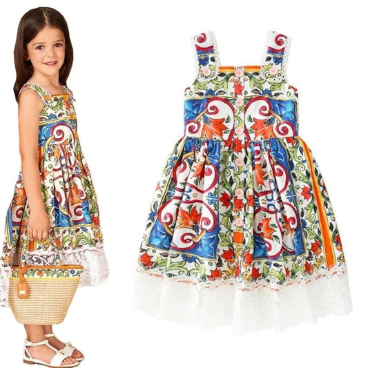 Girls' playful abstract print knee-length dress. Colorful polyester O-neck casual dress for toddlers & children.