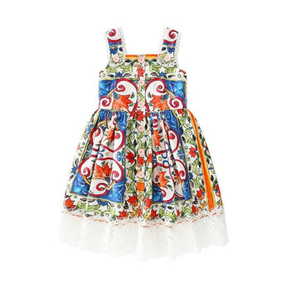 Vibrant abstract print knee-length dress for girls. Comfortable casual polyester dress, perfect for kids fashion.
