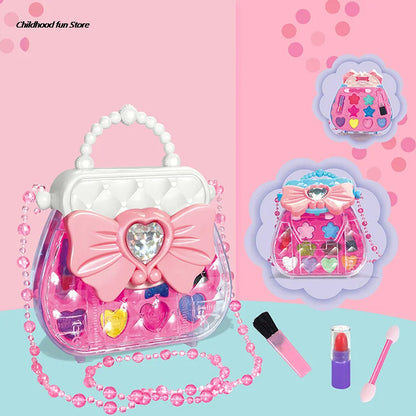 Close-up of a pretend makeup play set showing brushes, lipstick, and palette for young girls