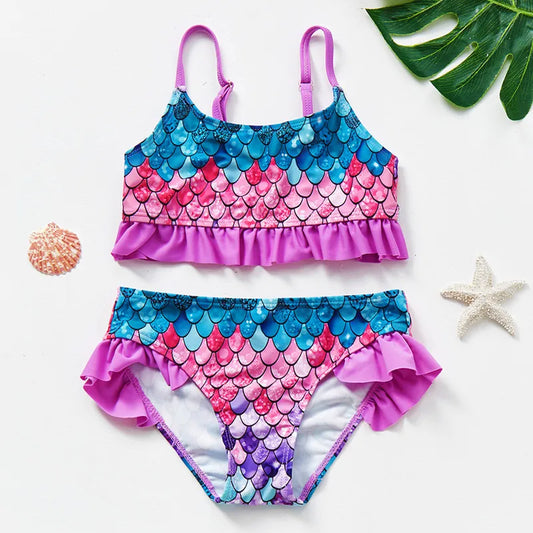Girls' quick-drying summer bikini set with vibrant print, perfect for beach or pool days.