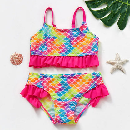 Adorable girls' quick-dry polyester bikini set, ideal kids' swimwear for summer fun.