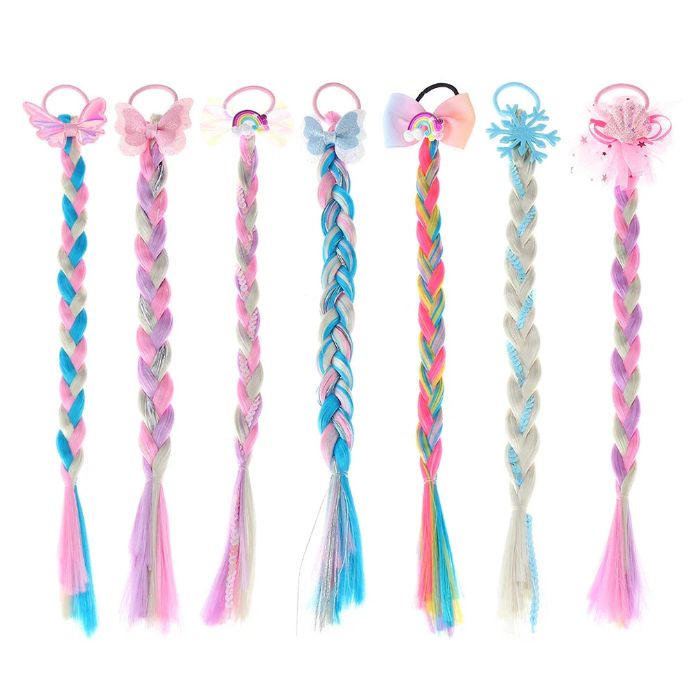 Girls rainbow braided hair bow extensions with colorful wig hair tie, perfect for princess hair styles