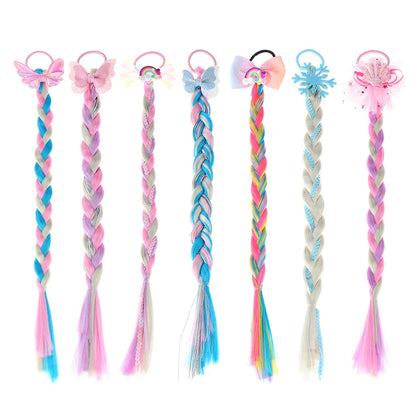 Girls rainbow braided hair bow extensions with colorful wig hair tie, perfect for princess hair styles