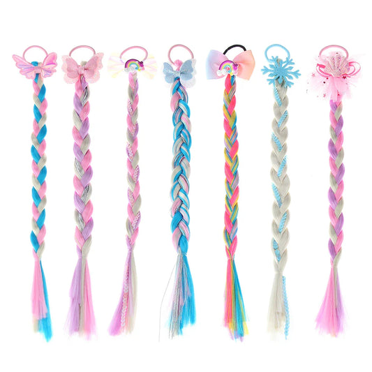 Girls rainbow braided hair bow extensions with colorful wig hair tie, perfect for princess hair styles