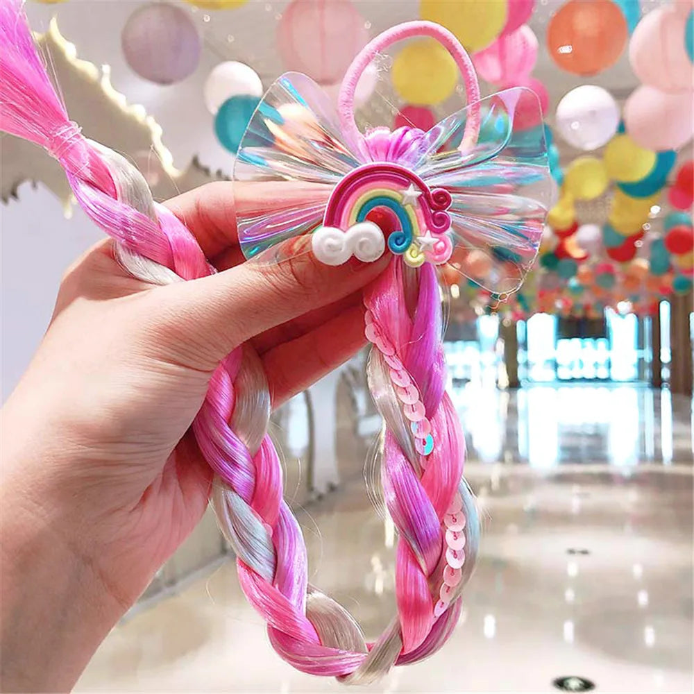 Vibrant rainbow braided hair bow extension, a fun and colorful wig hair tie for girls' accessories