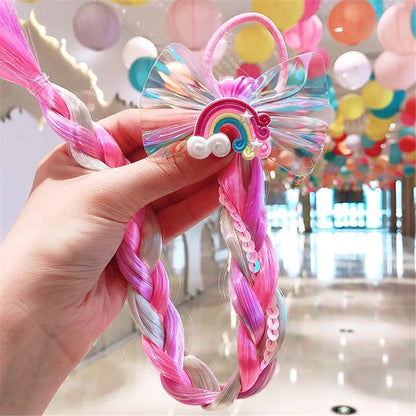 Vibrant rainbow braided hair bow extension, a fun and colorful wig hair tie for girls' accessories