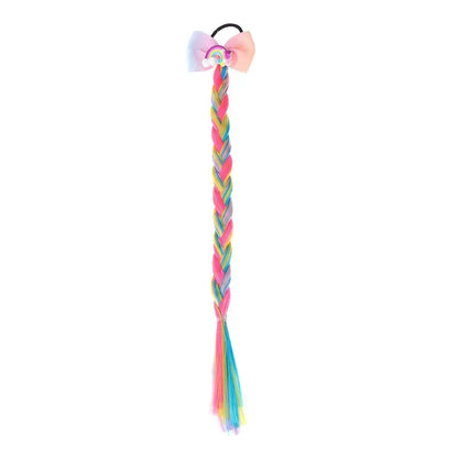 Girls' rainbow braided hair bow extensions, a bright and playful wig hair tie for princess dress-up