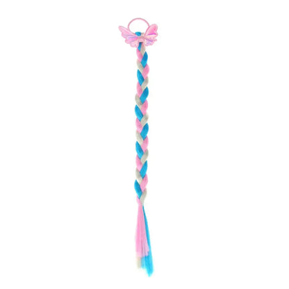 Rainbow braided hair bow extensions with a durable wig hair tie for active girls' colorful hair