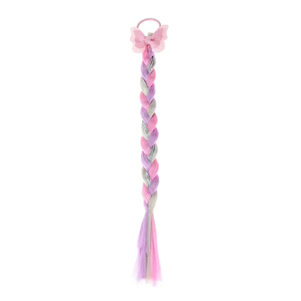 Cute rainbow braided hair bow extensions, a colorful wig hair tie adding sparkle to girls' outfits