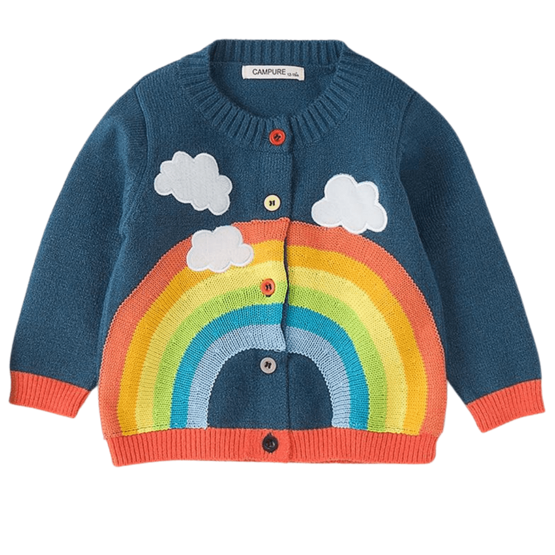 Girls' rainbow cloud knitted cardigan, soft cotton blend sweater for toddlers, colorful fall fashion.