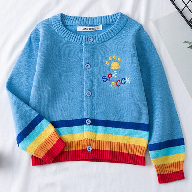 Girls' rainbow cloud knitted cardigan, soft cotton blend sweater for toddlers, colorful fall fashion.