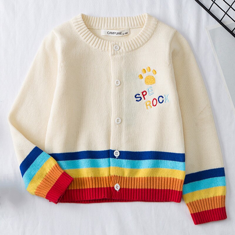 Girls' rainbow cloud knitted cardigan, soft cotton blend sweater for toddlers, colorful fall fashion.