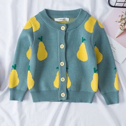 Girls' rainbow cloud knitted cardigan, soft cotton blend sweater for toddlers, colorful fall fashion.