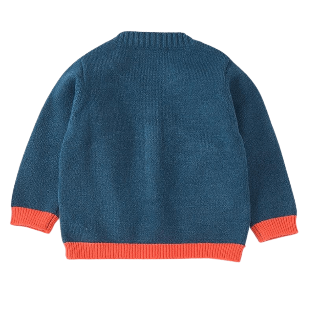 Close-up of girls' rainbow print knitted cardigan, showing fluffy clouds and vibrant colors.