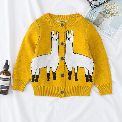 Side view of the girls' cotton blend rainbow cardigan, stylish and warm for baby girl clothes.