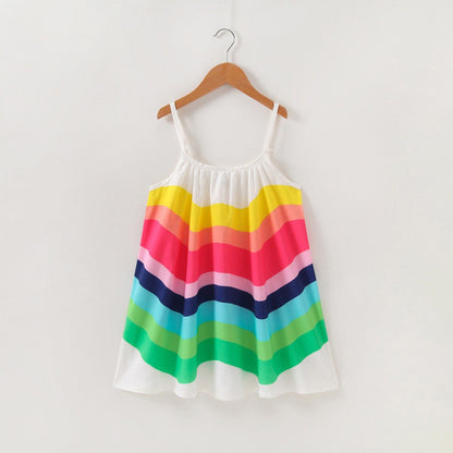 Toddler girl in a colorful rainbow hobo summer dress, soft polyester cotton, ideal for warm weather