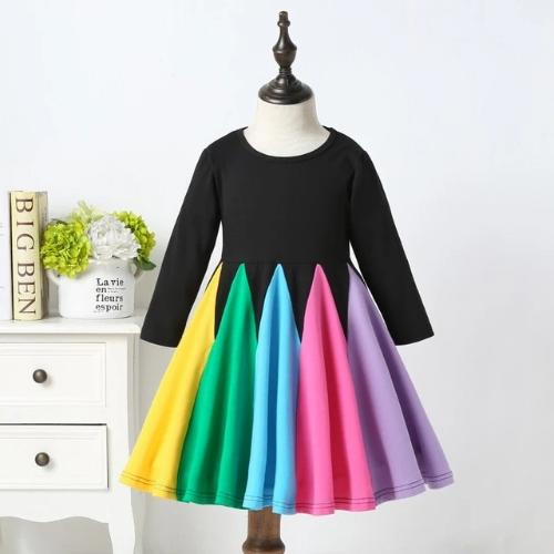 Girls' rainbow patchwork long sleeve dress, colorful cotton blend for toddlers, kids fashion