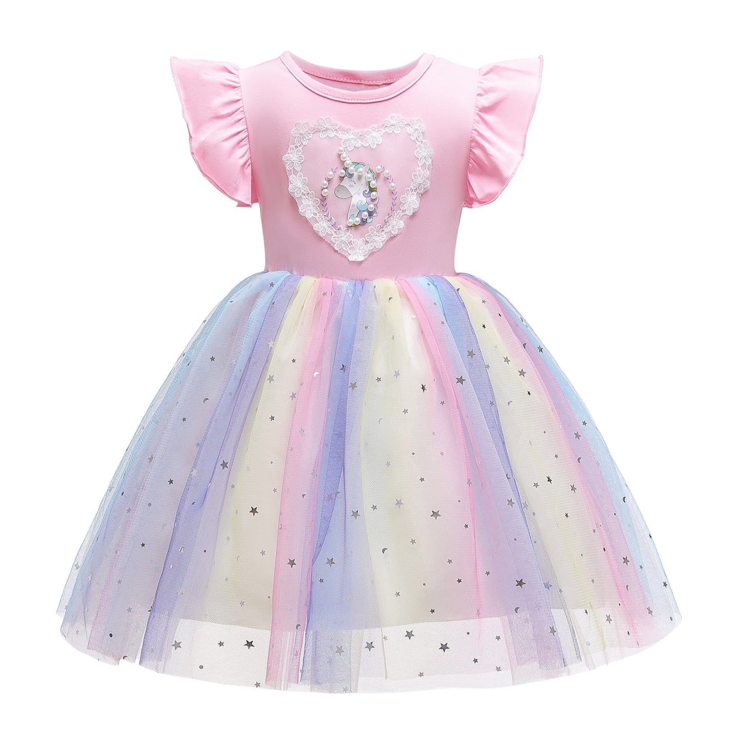 Close-up of the magical unicorn and rainbow star print on a girls' long sleeve dress.