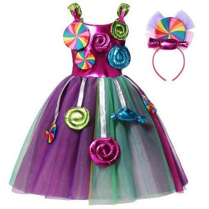 Girls' rainbow swirl candy party dress with matching headband, vibrant and colorful for special occasions