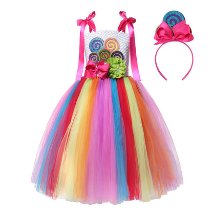Toddler girl's rainbow swirl dress and headband set, perfect summer party outfit with candy colors