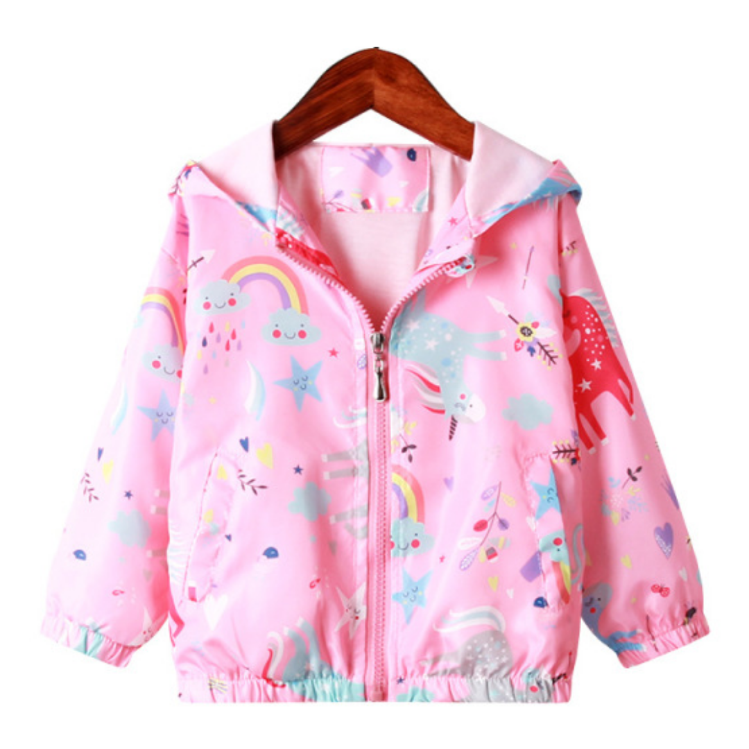 Girls' rainbow unicorn hooded windbreaker jacket, kids outerwear with vibrant print, water resistant