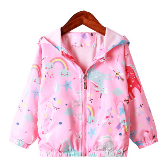 Girls' rainbow unicorn hooded windbreaker jacket, kids outerwear with vibrant print, water resistant