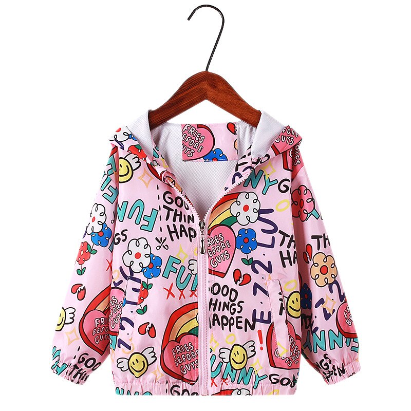 Side view of a girls' hooded windbreaker jacket with rainbow unicorns, comfy and water resistant