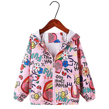 Side view of a girls' hooded windbreaker jacket with rainbow unicorns, comfy and water resistant