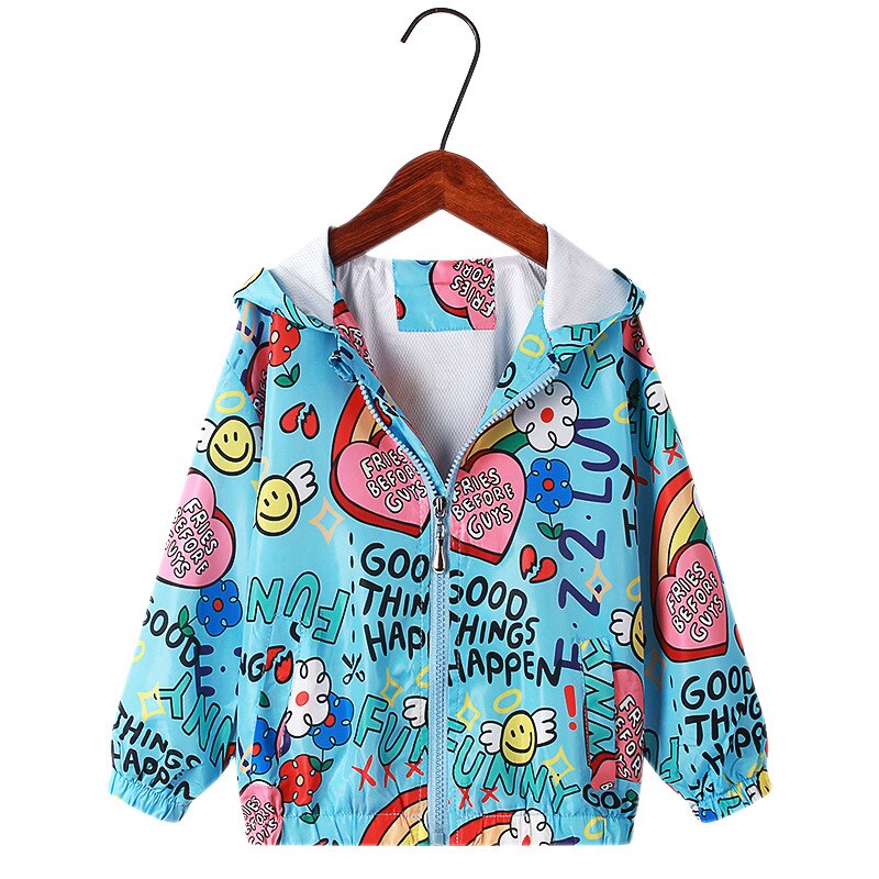 Girls' casual hooded windbreaker jacket featuring a fun rainbow unicorn pattern, ideal for fall