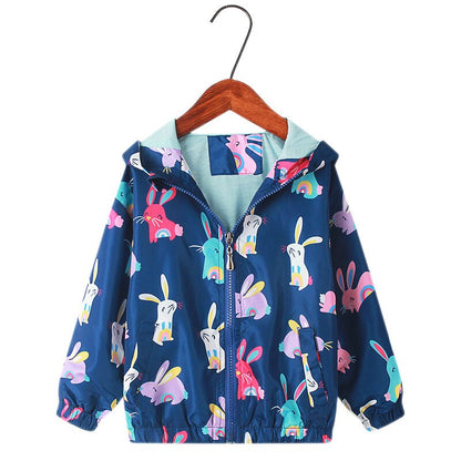 Back view of girls' rainbow unicorn hooded windbreaker, showing vibrant print and hood detail