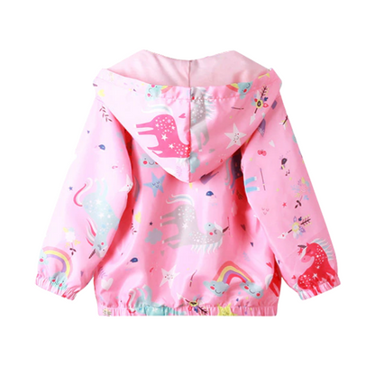 Close-up of girls' hooded windbreaker jacket featuring rainbow unicorn print, ideal for spring/fall