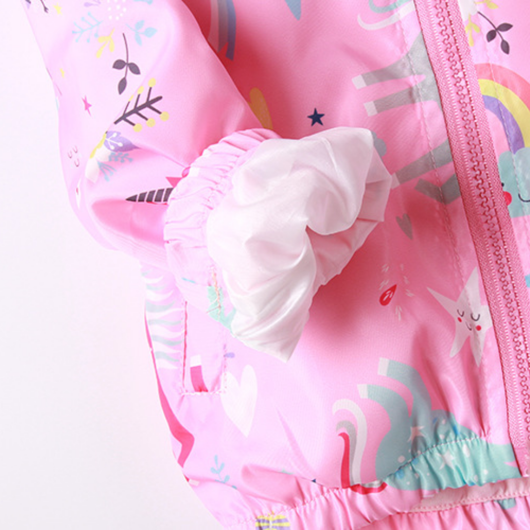 Girls' water resistant hooded jacket with playful rainbow unicorn design, children's fashion