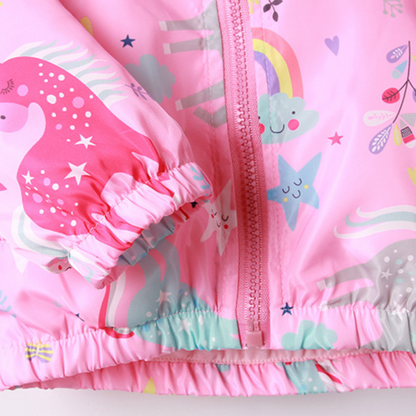 Full view of a girls' unicorn hooded windbreaker, practical and stylish kids outerwear for all seasons