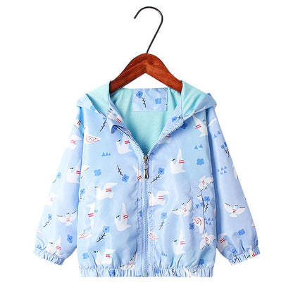 Girls' spring/fall jacket: hooded windbreaker with bright rainbow unicorn print, water resistant