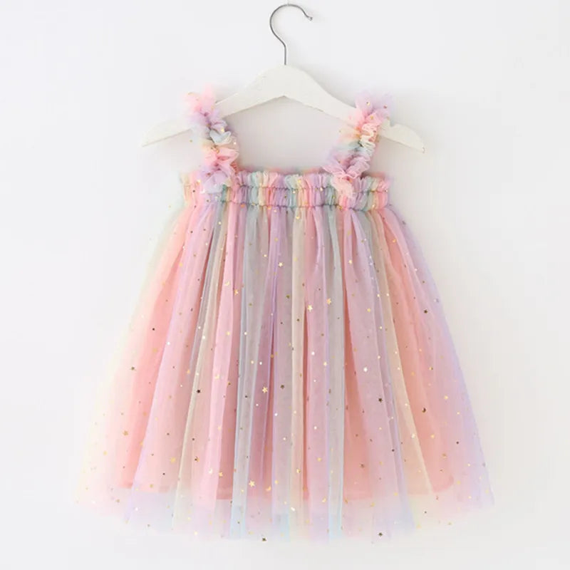 Girls' rainbow unicorn tulle princess dress with sleeveless design, perfect for a summer party.