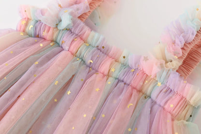 Kids' summer party dress: a girls' sleeveless rainbow unicorn tulle princess gown.