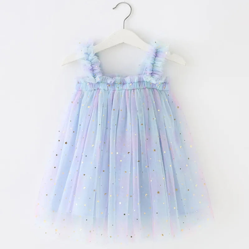 Girls' sleeveless rainbow unicorn tulle dress, ideal as a charming princess party outfit.
