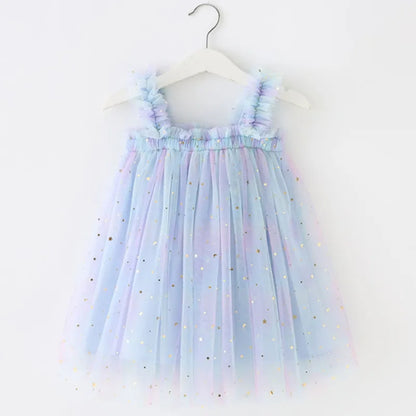Girls' sleeveless rainbow unicorn tulle dress, ideal as a charming princess party outfit.