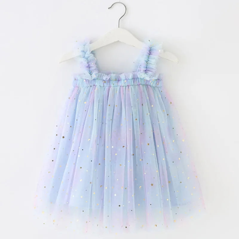 Full shot of a girls' elegant rainbow unicorn tulle princess dress, perfect for any celebration.