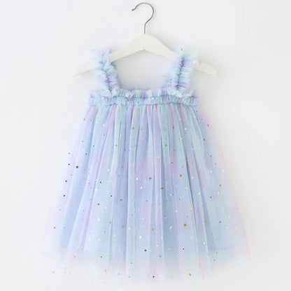 Full shot of a girls' elegant rainbow unicorn tulle princess dress, perfect for any celebration.