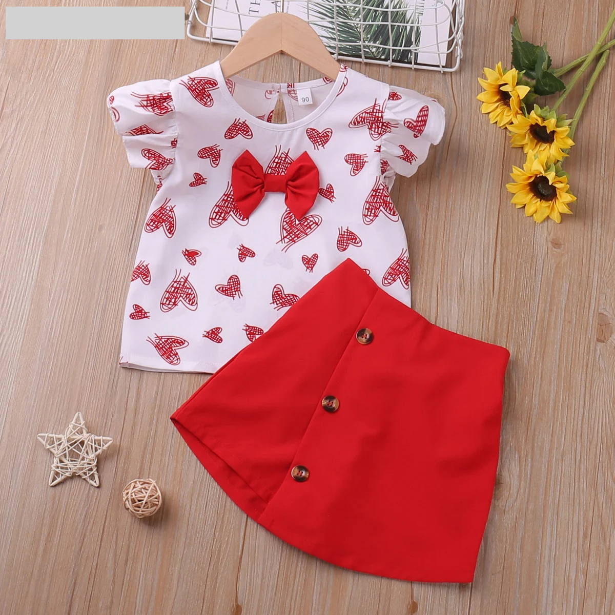 Girls' red heart print summer top and shorts outfit set, baby girl clothes