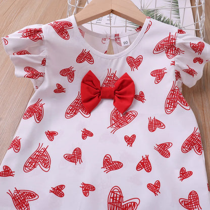 Girls' red and white heart print summer outfit, perfect for toddler play clothes