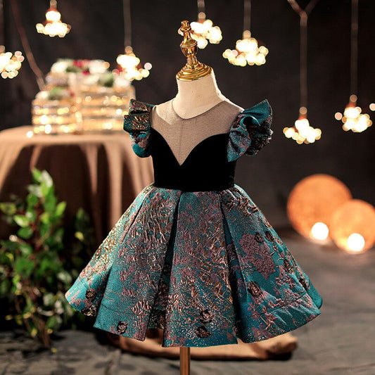 Girls retro princess ball gown with delicate butterfly sleeves, perfect for formal occasions