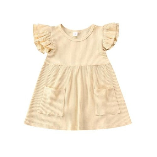Adorable sleeveless ribbed knit dress for baby girls, featuring ruffles and front pockets, perfect for playtime.