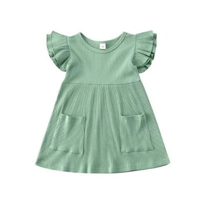 Baby girl casual ribbed knit dress with cute ruffles and functional pockets, suitable for daily wear.